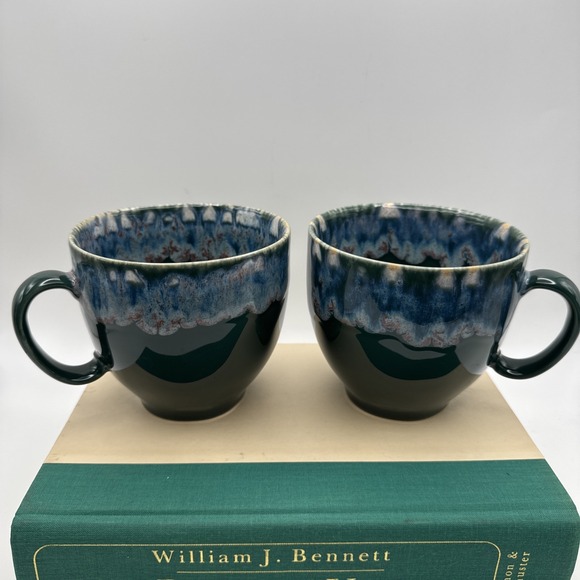 Anthropologie Coffee Mug‎ CupZabra Drip Glaze Portugual Set of 2 Green Blue